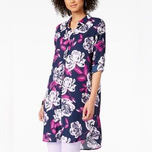 ALFANI Navy Purple White Floral Long Tunic Shirt Button Front | Size Large